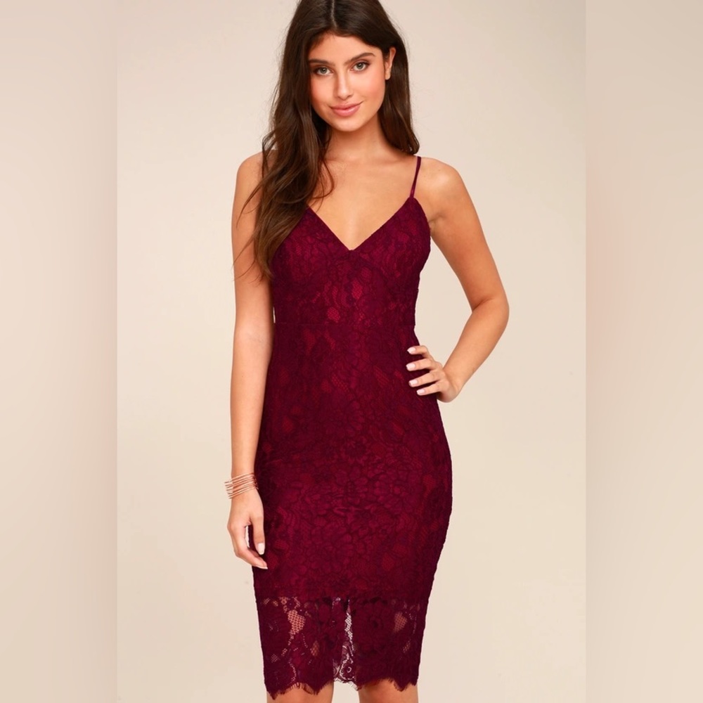 NWT Lulu’s Extraordinary Love Burgundy Lace Midi Dress